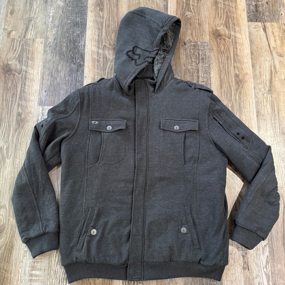 FOX Racing Sasquatch Hoodie Jacket XL Gray Skater Faux Fur Lined Y2K Wolf Jaw